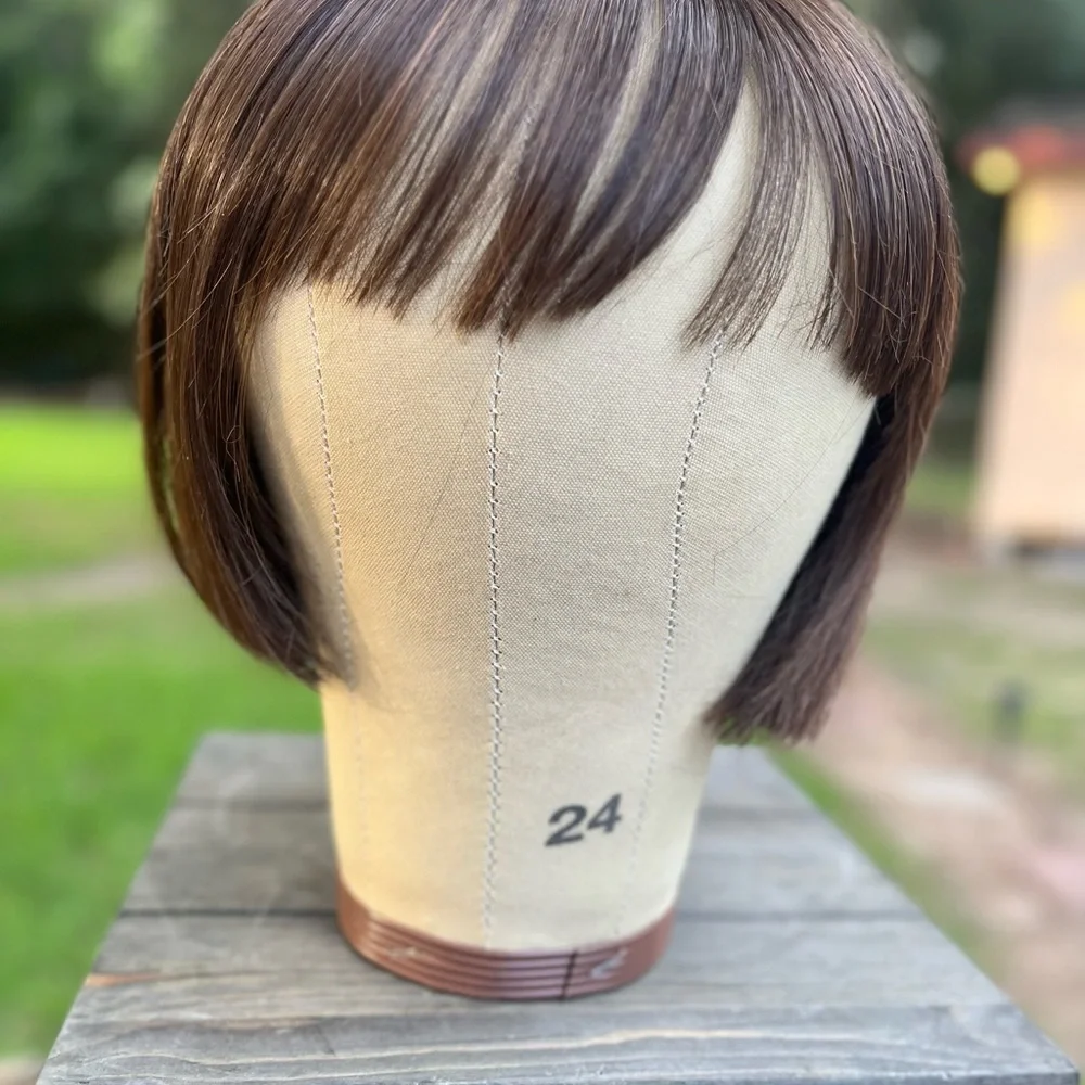 MEDIUM BROWN SYNTHETIC FIBER TOPPER BOB LENGTH WITH BANGS